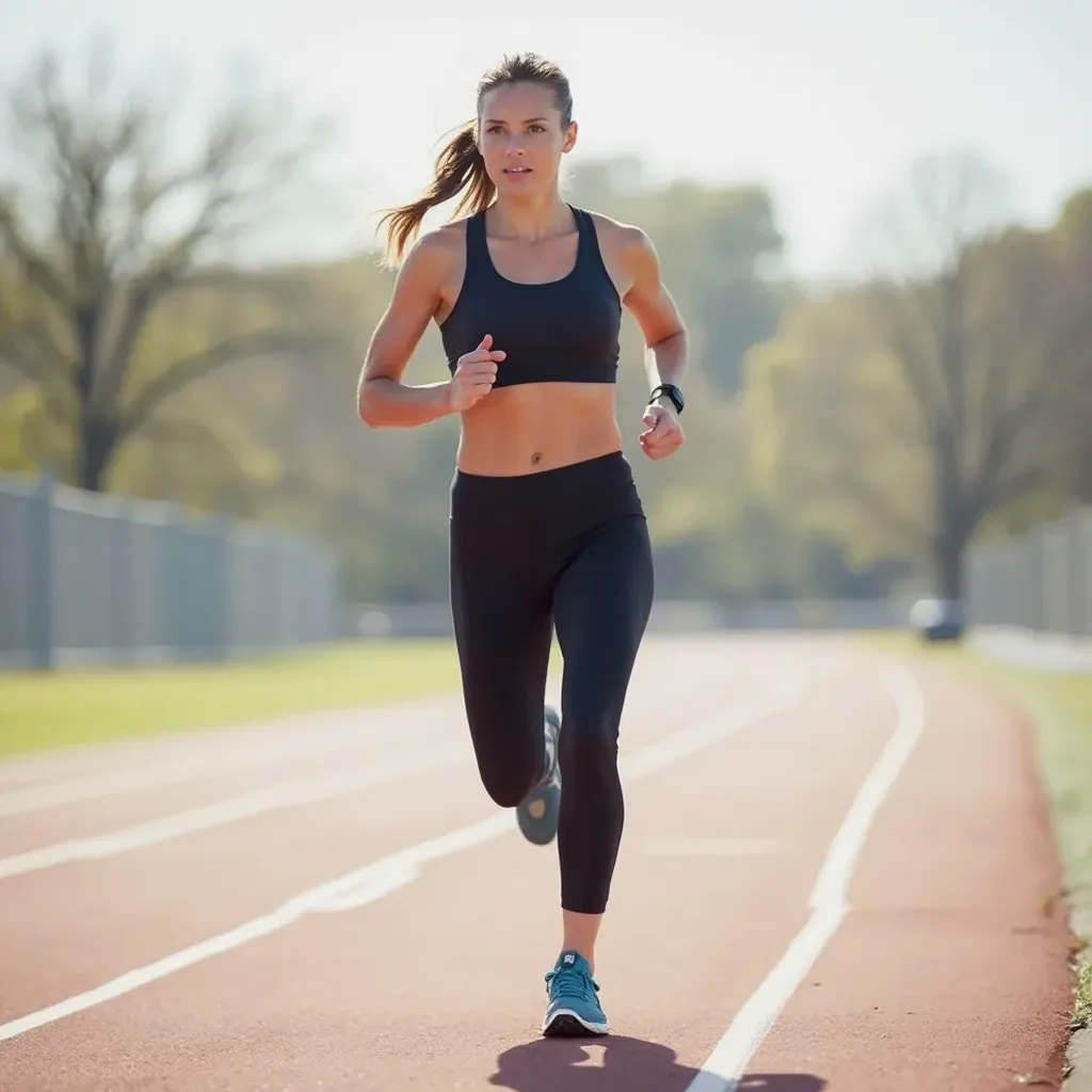 Athlete running on a paved track in quality running socks and athletic gear, the motion captured in natural daylight