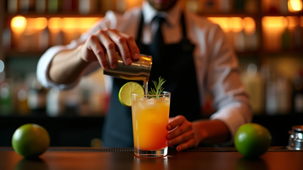 Bartender preparing signature cocktails for party guests with fresh garnishes