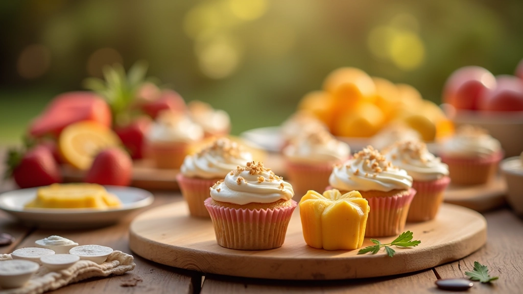 Budget-friendly food display with colorful cupcakes, fruit platters, and homemade treats on rustic wooden table