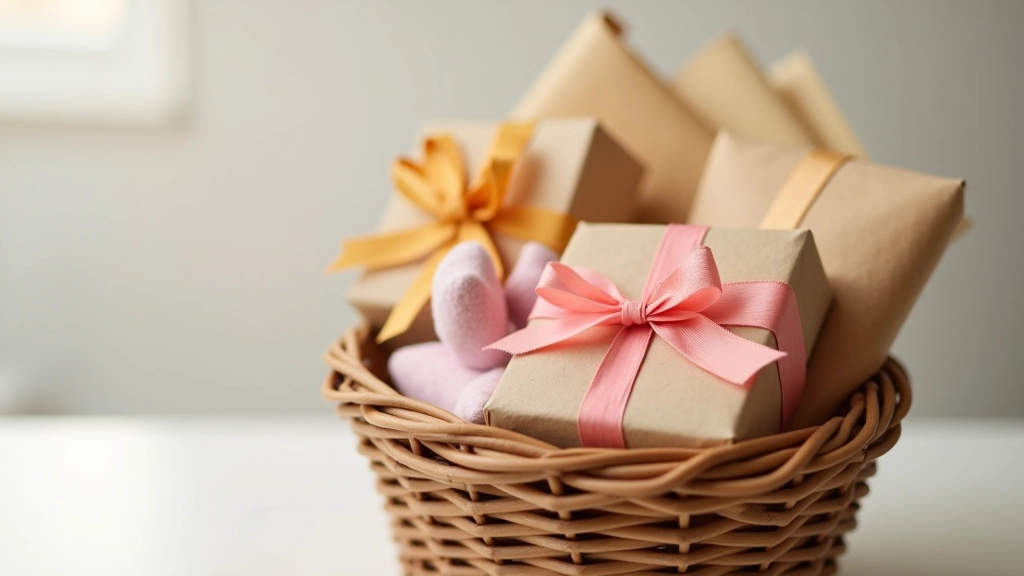 Thoughtfully wrapped small gifts and party favors displayed in a gift basket with ribbons and handmade tags