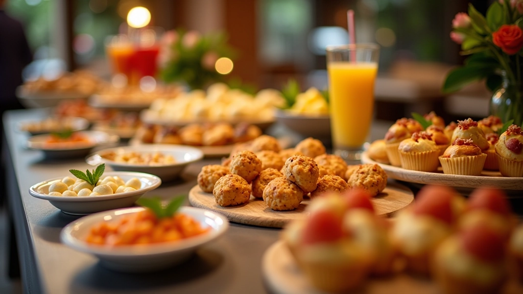 Catering display with various appetizers and beverages arranged on table