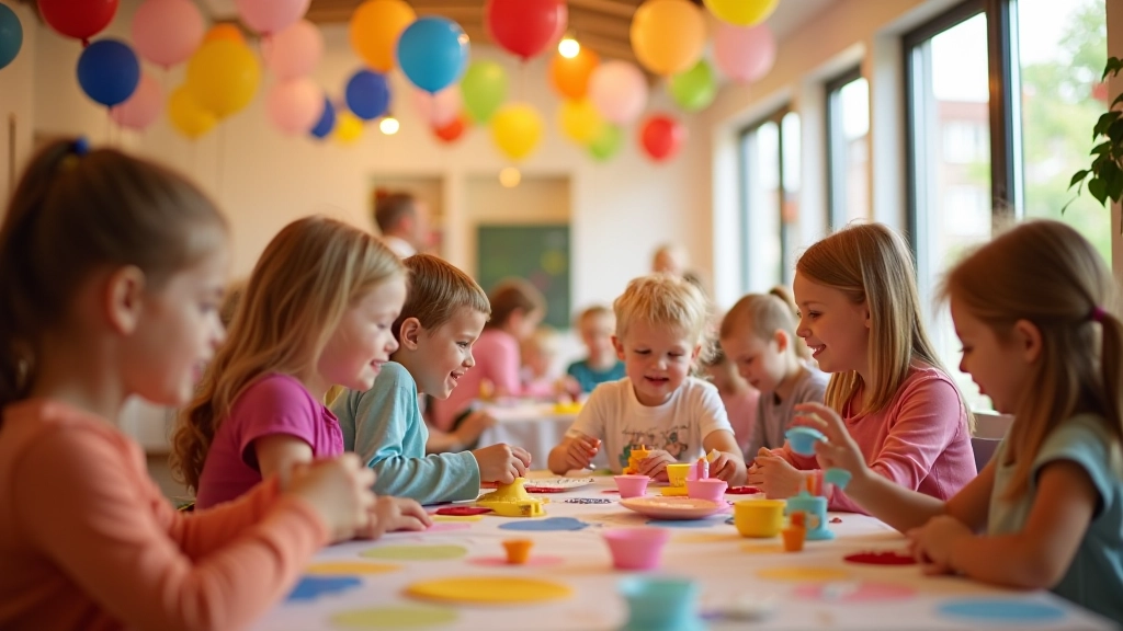 Children's birthday party with colorful decorations and activity stations