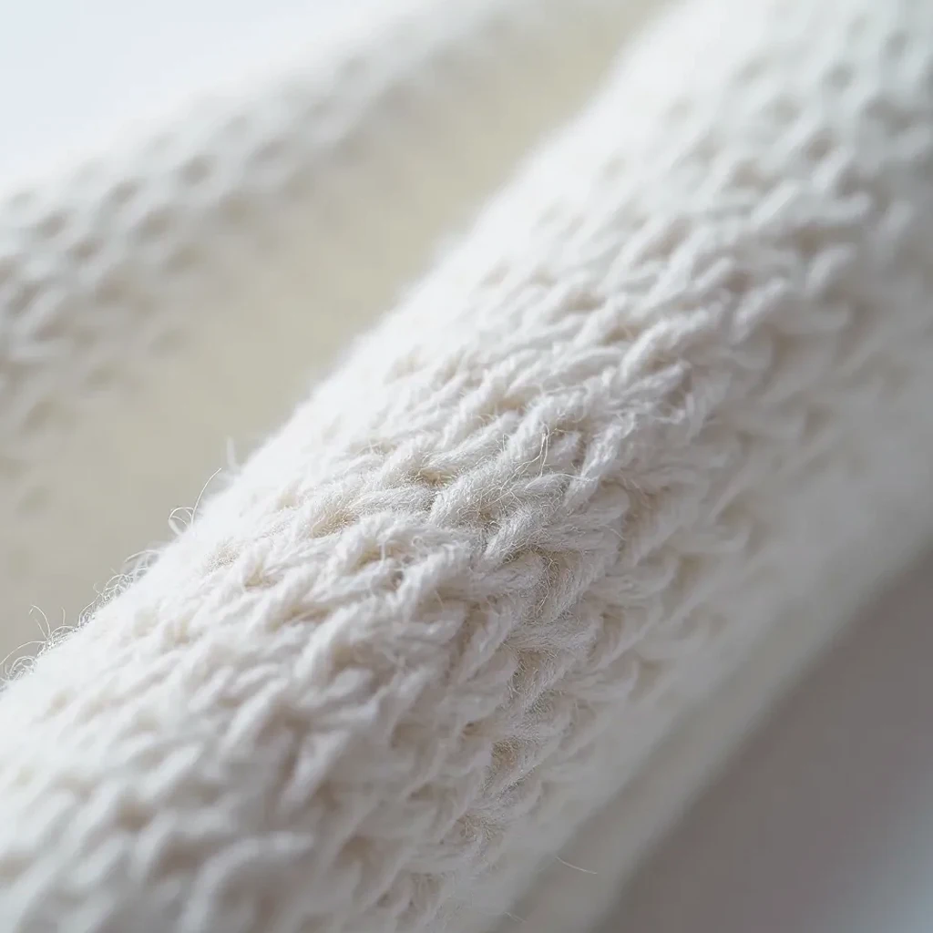Close-up of the high-quality merino wool fabric texture, revealing the fine weave and quality build of the running sock material