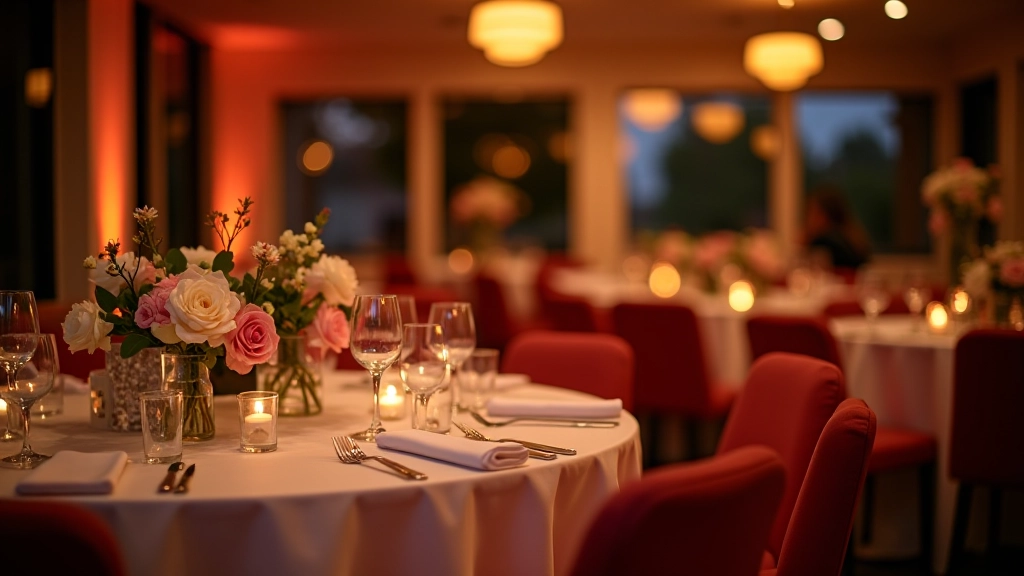Decorated party venue with tables set, centerpieces arranged, and mood lighting creating warm atmosphere