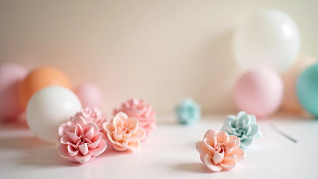 DIY paper flowers and balloons arranged as table decorations in soft green and cream colors