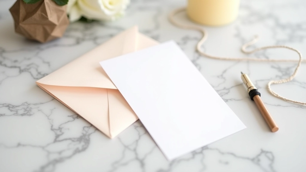 Colorful invitation cards and envelopes with calligraphy pen on marble surface, modern design aesthetic