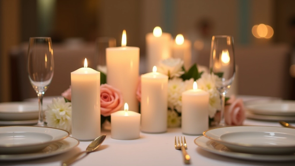 Close-up of candlelit table with fresh floral centerpiece and ambient lighting creating warm atmosphere