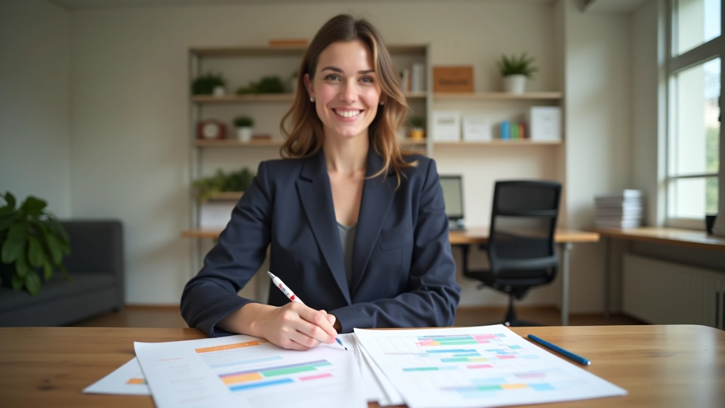 Event planner working at desk with planning documents and color-coded calendar, organized workspace with sticky notes
