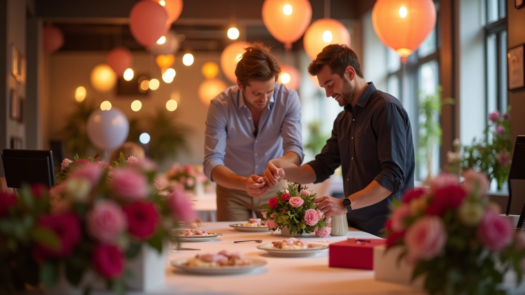 Event planning team setting up decorations and coordinating venue layout