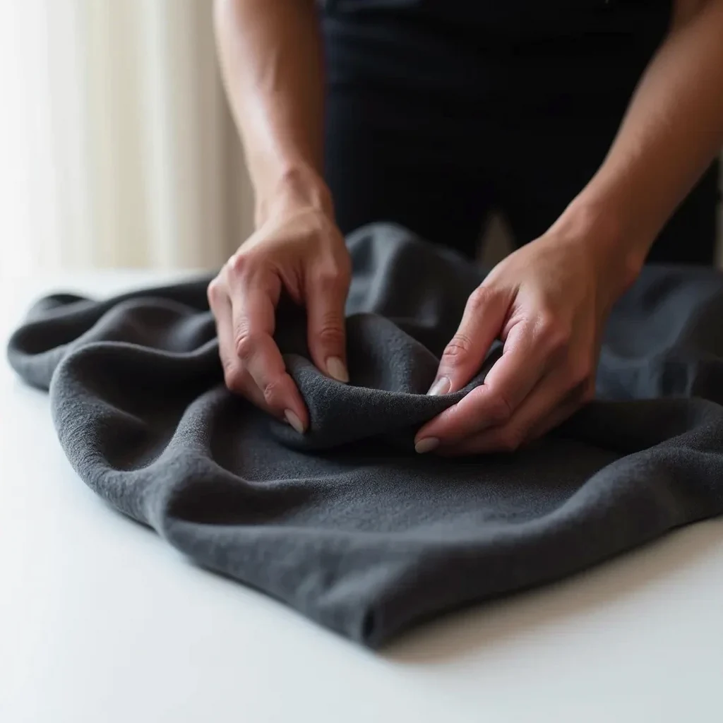 Hands carefully folding a charcoal grey training top on a clean white surface, showing gentle fabric handling