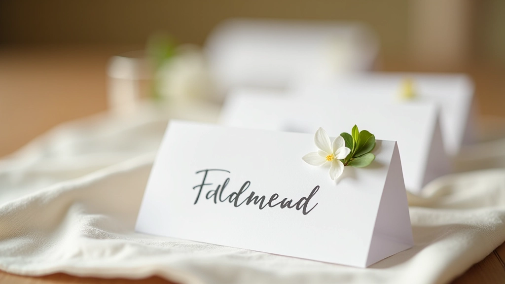 Decorative place cards with handwritten names and small flowers, arranged on elegant table setting