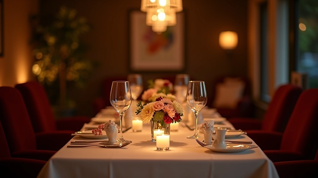 Elegant anniversary dinner table setting with flowers and candles