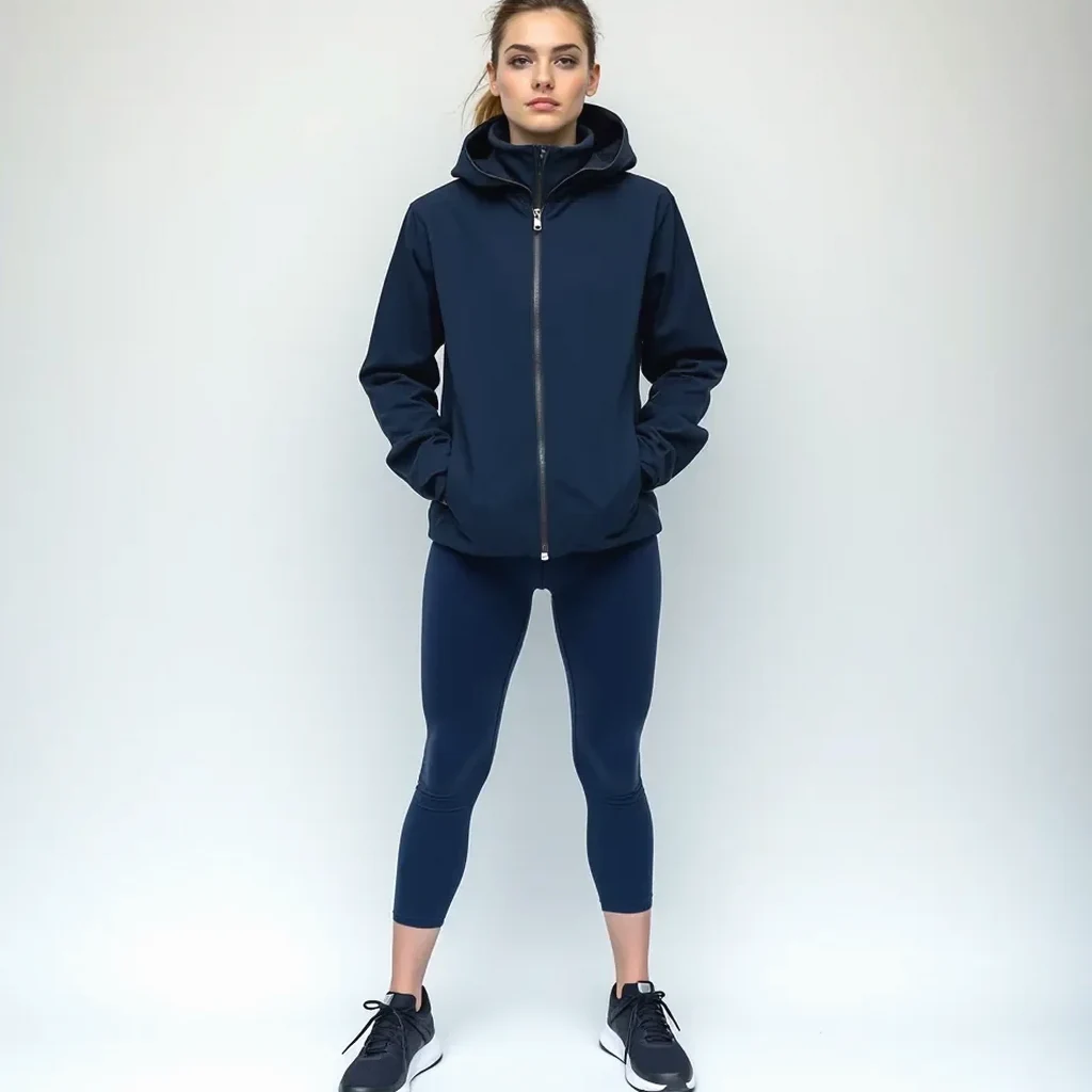 Runner in navy compression tights styled with a winter running jacket, a lifestyle shot on a city street in morning light showing genuine training wear