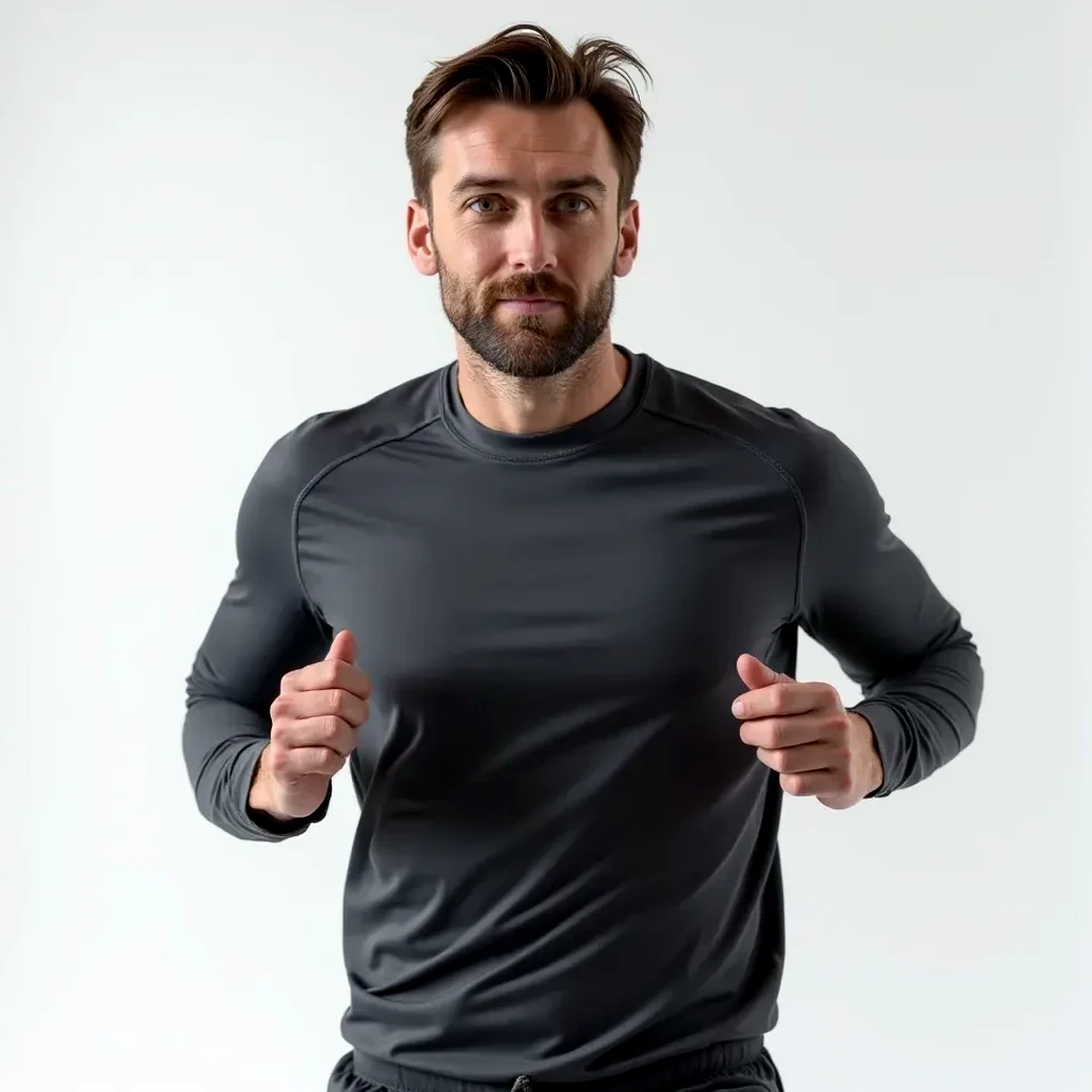 Man in a charcoal training top on an outdoor morning run, shown from the torso up in natural daylight mid-jog