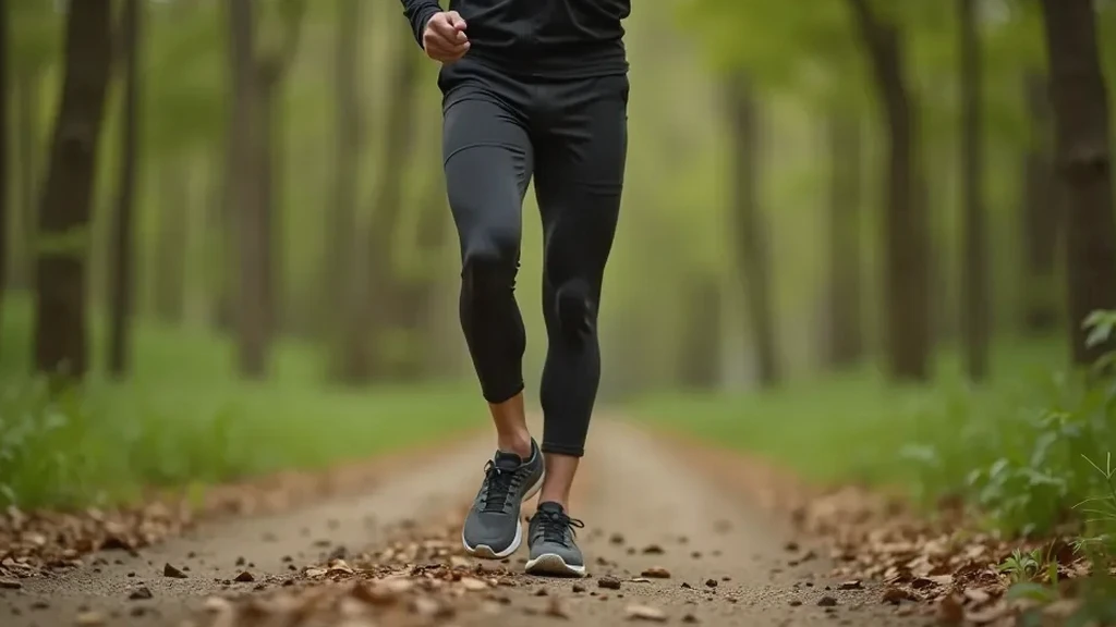 Vytautas trying out running shoes outdoors on a woodland trail, checking performance and fit in genuine conditions