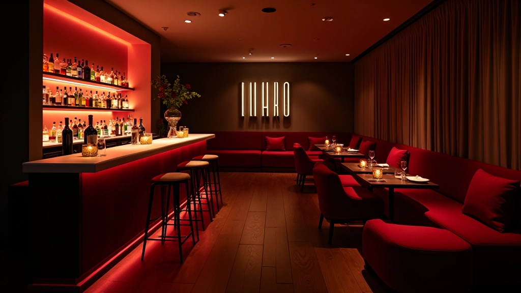 Modern cocktail party with elegant bar setup and ambient lighting