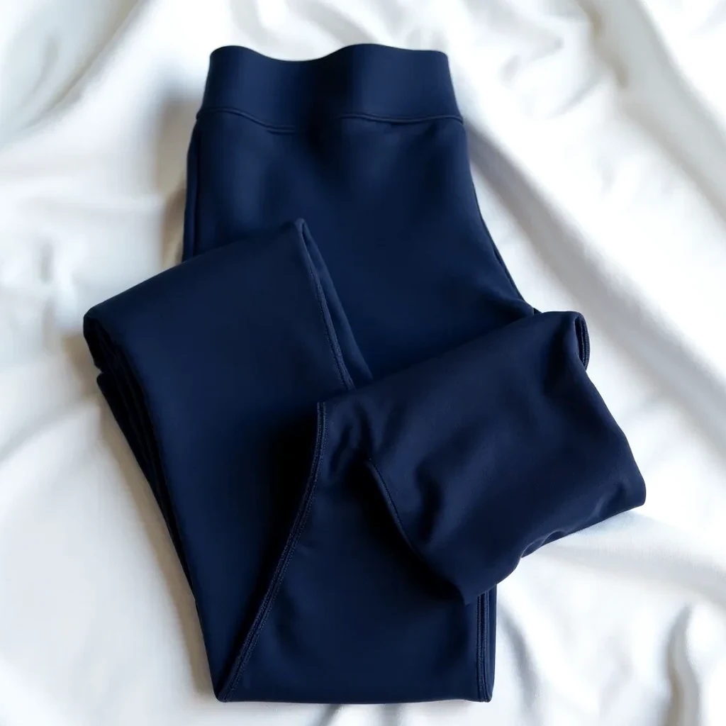Neatly folded navy compression tights on a white fabric backdrop, illustrating care and storage in a clean product shot