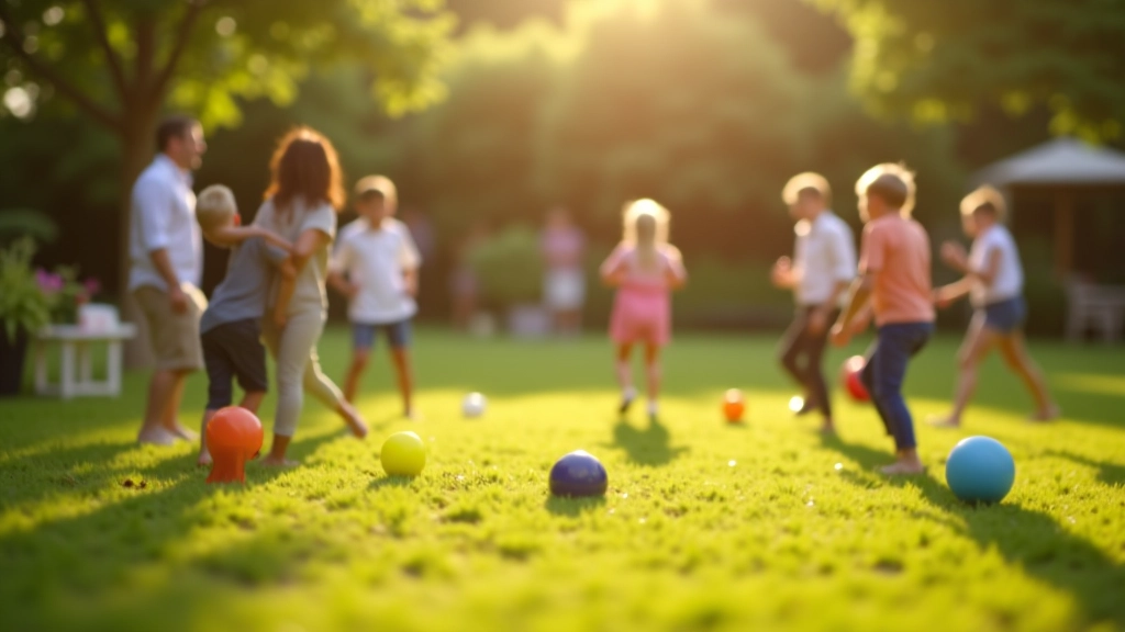 Children and adults playing outdoor lawn games and enjoying activities at a casual birthday party gathering