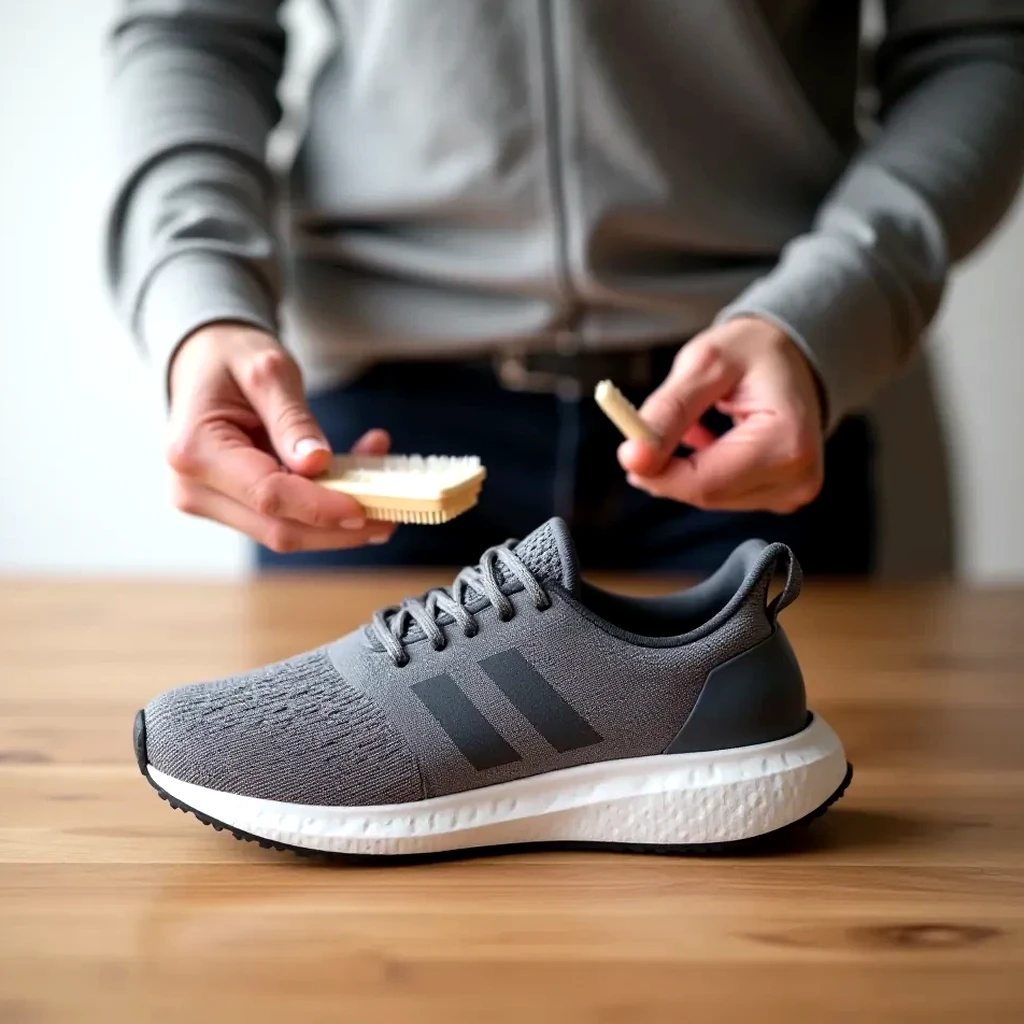 Hands brushing a running shoe clean with a soft brush at a tidy workspace stocked with care products, demonstrating proper shoe maintenance