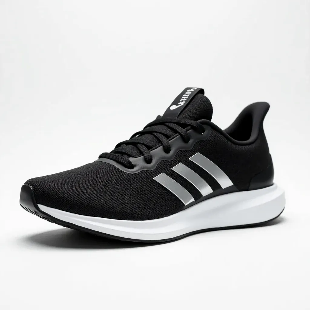 Velocity Pro running shoe in black and silver on a white background, side view revealing the cushioning and design details