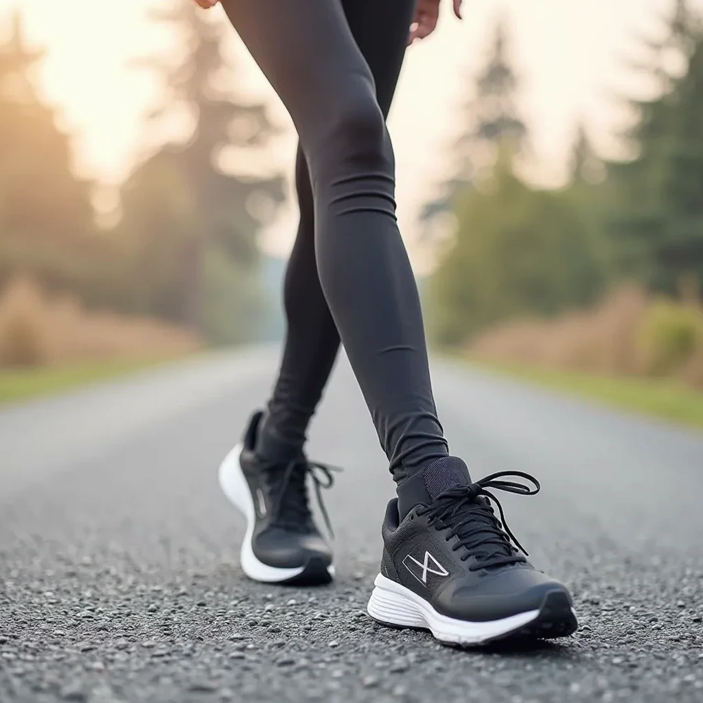Runner in black and silver Velocity Pro shoes on an asphalt road in morning light, side view capturing the shoe mid-motion with sharp focus on the footwear