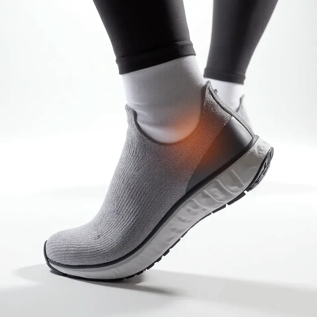 Foot diagram highlighting the running sock's strategic arch support zones and reinforced heel area during a running stride