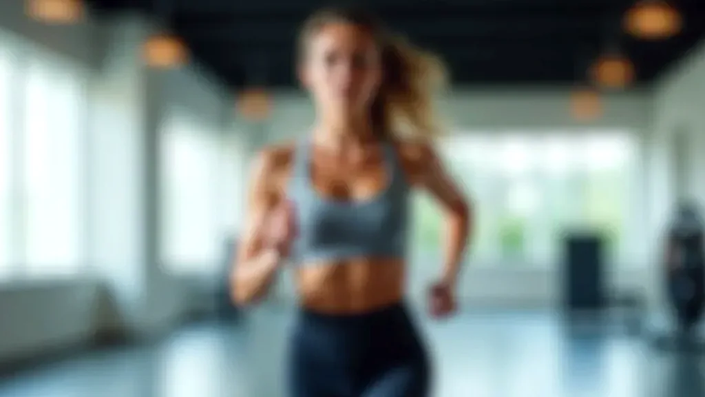 Sporty woman mid-workout in a training session, dressed in modern performance apparel, captured in a dynamic stride