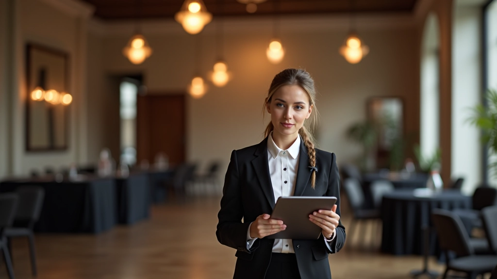 Professional event planner checking details on clipboard with party venue layout in background